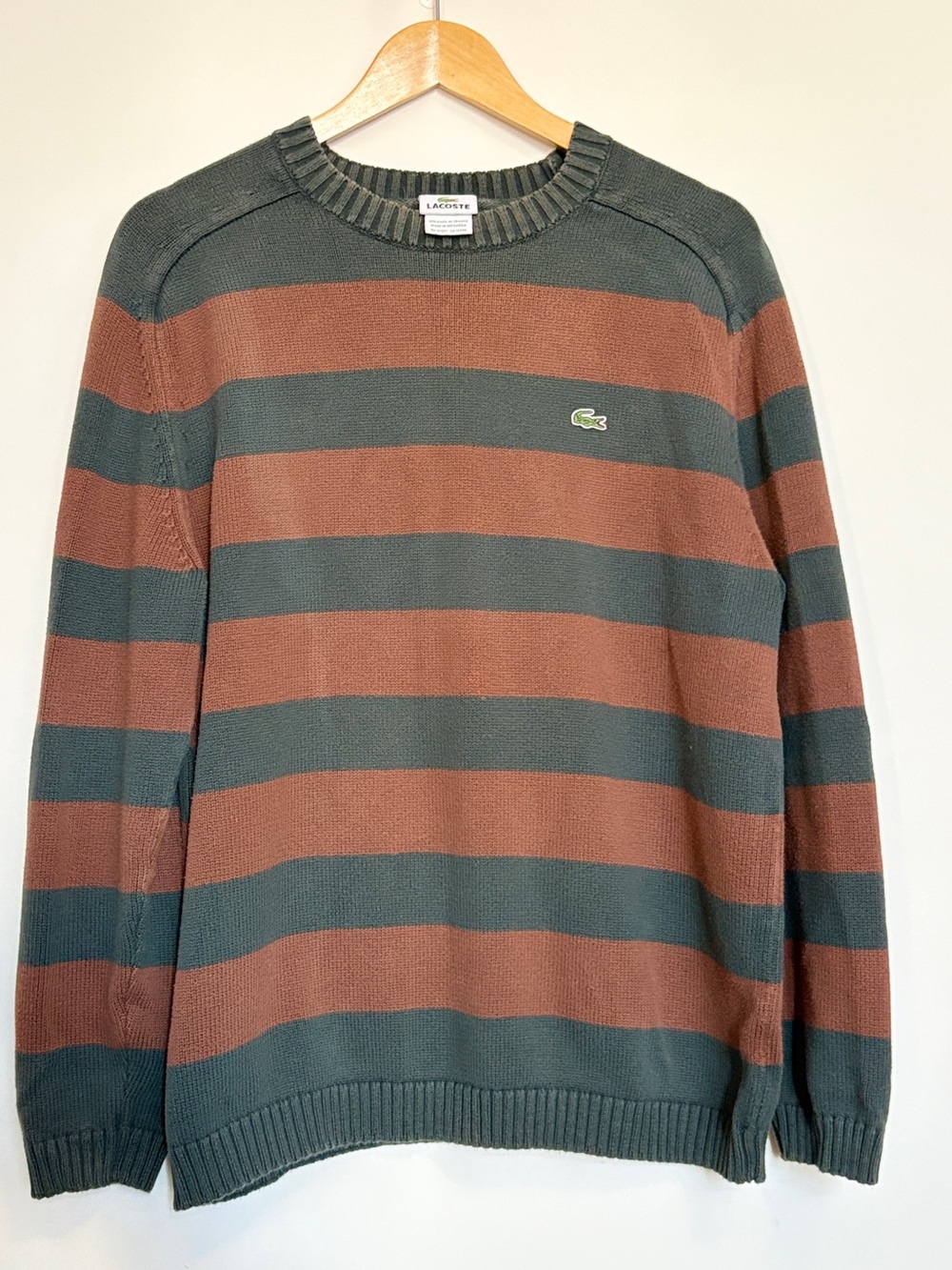 VTG Lacoste Striped Cotton Knit Crewneck Sweater Brown Green Men's Size 5 L